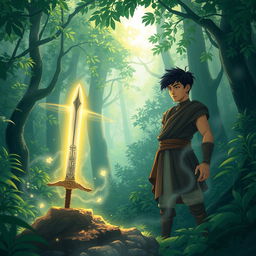 In a dense and mystical forest, a young man named Veer stands with a solemn expression after burying his father