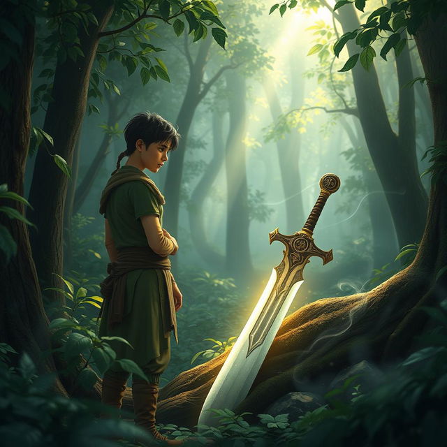 In a dense and mystical forest, a young man named Veer stands with a solemn expression after burying his father