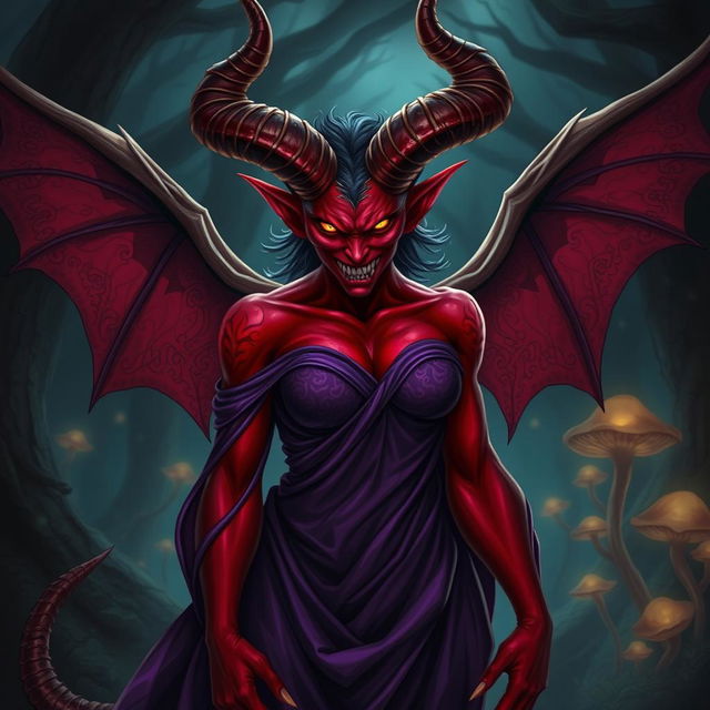 A fierce demon with striking red skin wearing a flowing purple dress that billows around her, showcasing intricate patterns and textures