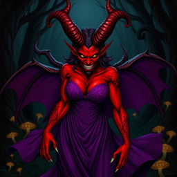 A fierce demon with striking red skin wearing a flowing purple dress that billows around her, showcasing intricate patterns and textures
