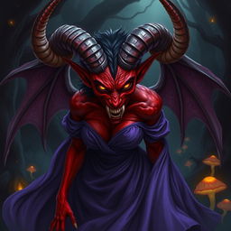 A fierce demon with striking red skin wearing a flowing purple dress that billows around her, showcasing intricate patterns and textures