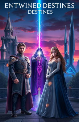 A captivating scene titled 'Entwined Destinies', featuring a handsome prince and a beautiful princess standing together