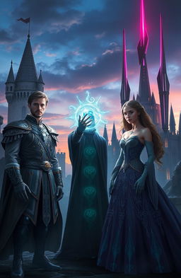 A captivating scene titled 'Entwined Destinies', featuring a handsome prince and a beautiful princess standing together