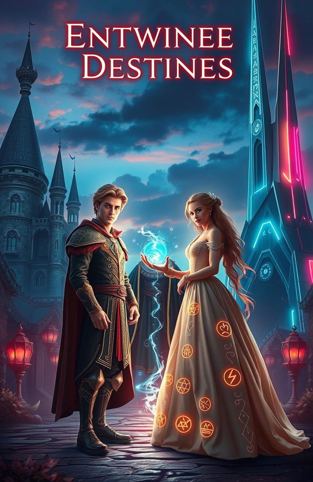 A captivating scene titled 'Entwined Destinies', featuring a handsome prince and a beautiful princess standing together