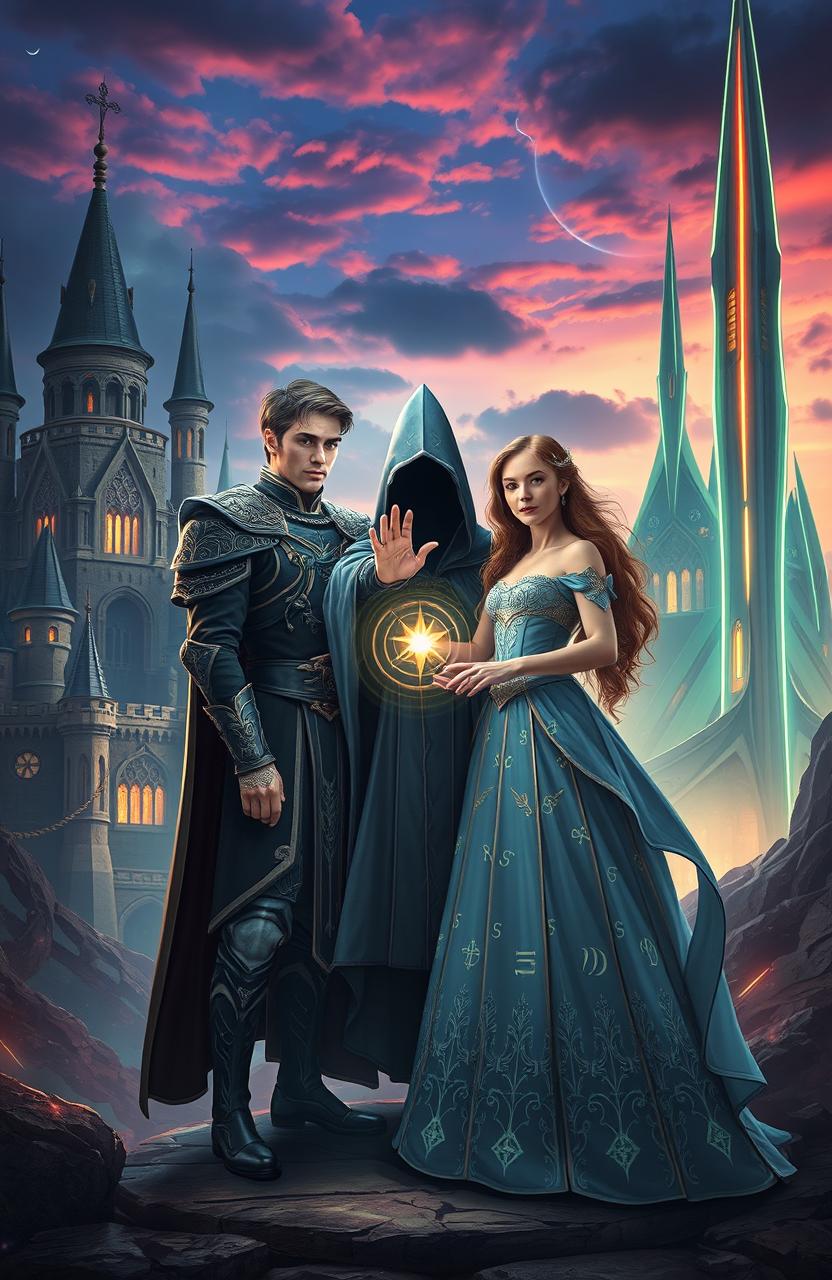 A captivating scene titled 'Entwined Destinies', featuring a handsome prince and a beautiful princess standing together