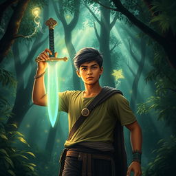 In a dense and mystical forest, a young man named Veer stands triumphantly, holding a glowing sword in his hands after discovering it while mourning his father