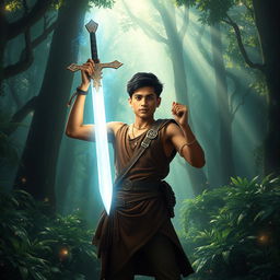 In a dense and mystical forest, a young man named Veer stands triumphantly, holding a glowing sword in his hands after discovering it while mourning his father