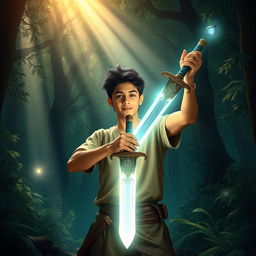 In a dense and mystical forest, a young man named Veer stands triumphantly, holding a glowing sword in his hands after discovering it while mourning his father
