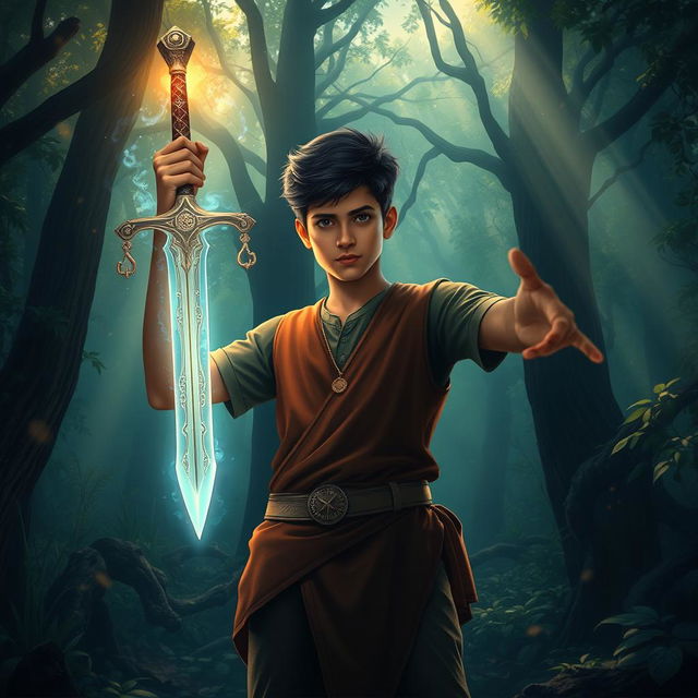 In a dense and mystical forest, a young man named Veer stands triumphantly, holding a glowing sword in his hands after discovering it while mourning his father