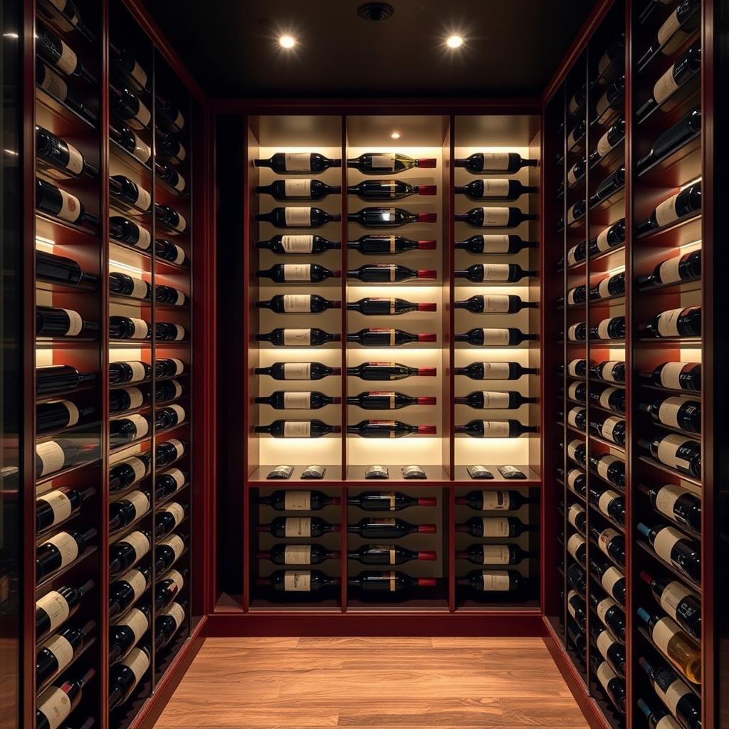 A beautifully designed wine cellar featuring sliding shelves for storage of wine bottles