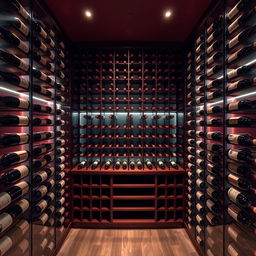 A beautifully designed wine cellar featuring sliding shelves for storage of wine bottles