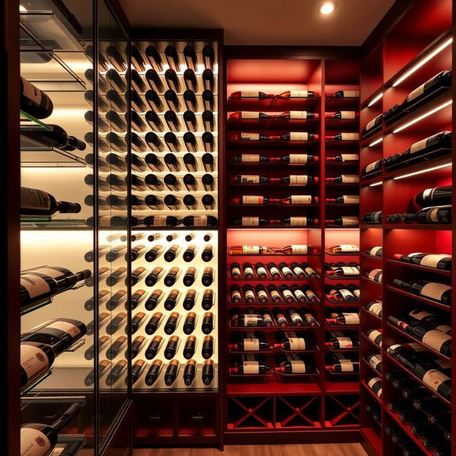 A beautifully designed wine cellar featuring sliding shelves for storage of wine bottles