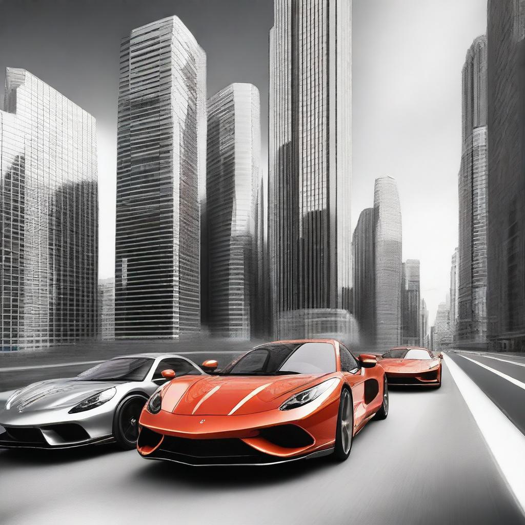 This is a high-quality digital art image featuring sleek sports cars racing between towering skyscrapers