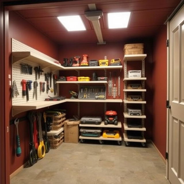 A well-organized tool storage shed featuring sliding shelves for easy access to tools