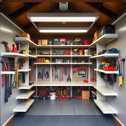 A well-organized tool storage shed featuring sliding shelves for easy access to tools