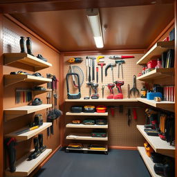 A well-organized tool storage shed featuring sliding shelves for easy access to tools