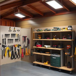 A well-organized tool storage shed featuring sliding shelves for easy access to tools