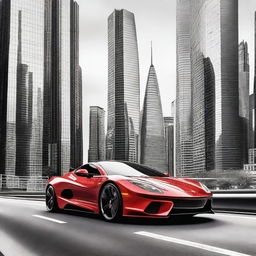 This is a high-quality digital art image featuring sleek sports cars racing between towering skyscrapers