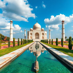 A stunning view of the Taj Mahal, showcasing its magnificent white marble facade gleaming in the sunlight, surrounded by lush green gardens and reflective pools