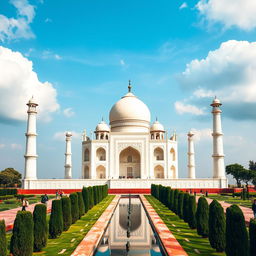 A stunning view of the Taj Mahal, showcasing its magnificent white marble facade gleaming in the sunlight, surrounded by lush green gardens and reflective pools