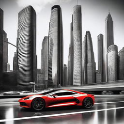 This is a high-quality digital art image featuring sleek sports cars racing between towering skyscrapers