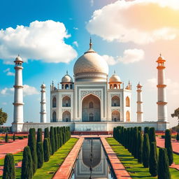 A stunning view of the Taj Mahal, showcasing its magnificent white marble facade gleaming in the sunlight, surrounded by lush green gardens and reflective pools