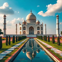 A stunning view of the Taj Mahal, showcasing its magnificent white marble facade gleaming in the sunlight, surrounded by lush green gardens and reflective pools
