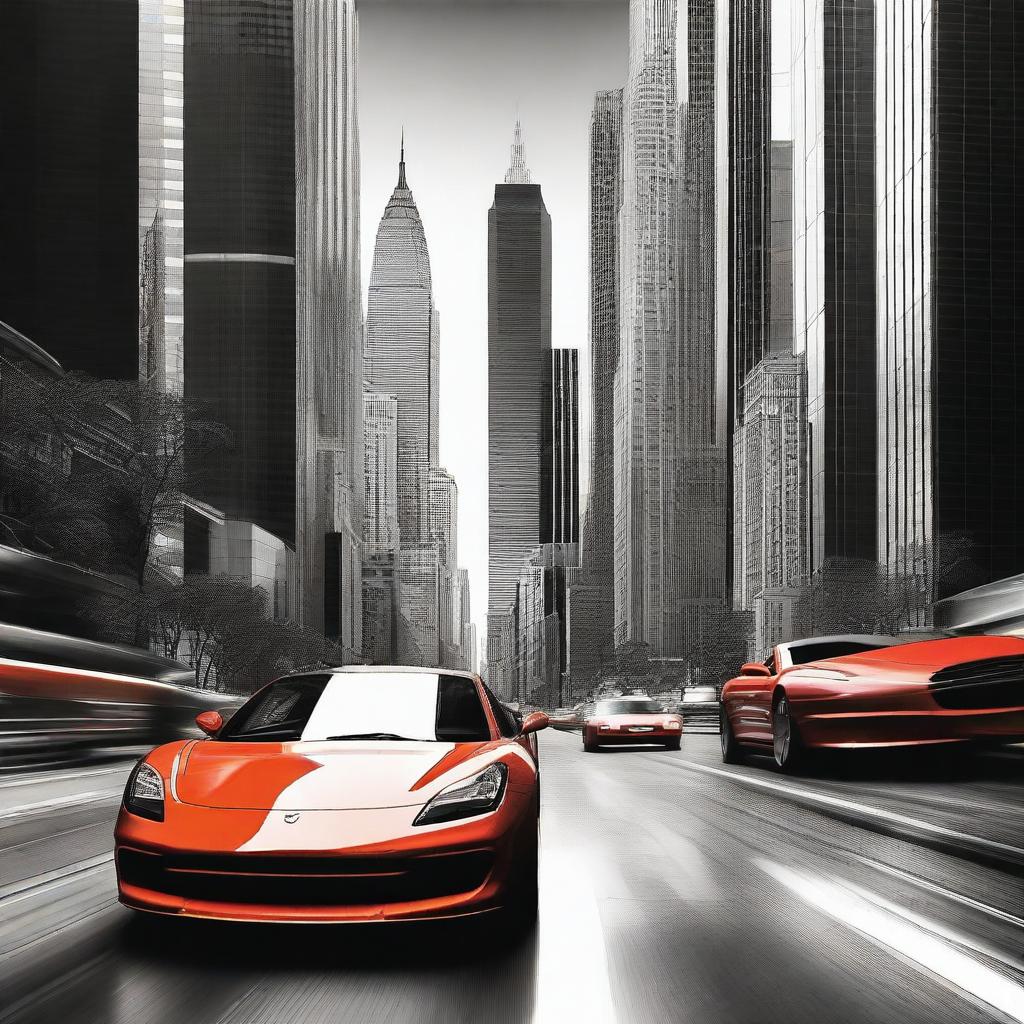 This is a high-quality digital art image featuring sleek sports cars racing between towering skyscrapers