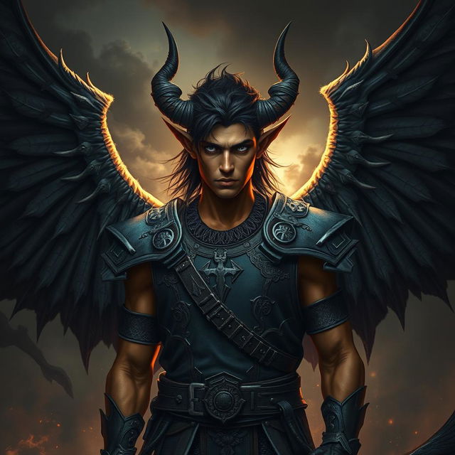 A striking portrayal of a winged male Tiefling illrigger, characterized by his jet black Viking-style hair and solid white eyes that convey a sense of mystery