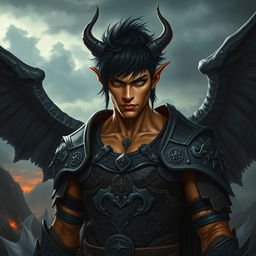 A striking portrayal of a winged male Tiefling illrigger, characterized by his jet black Viking-style hair and solid white eyes that convey a sense of mystery