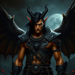 A striking portrayal of a winged male Tiefling illrigger, characterized by his jet black Viking-style hair and solid white eyes that convey a sense of mystery