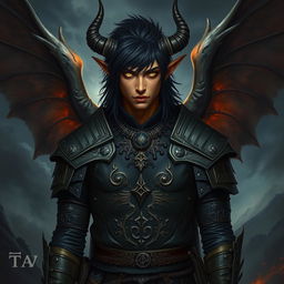 A striking portrayal of a winged male Tiefling illrigger, characterized by his jet black Viking-style hair and solid white eyes that convey a sense of mystery