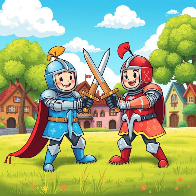 A cute, playful scene depicting two cartoonish knights in medieval armor playfully sparring with wooden swords