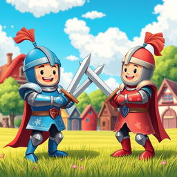 A cute, playful scene depicting two cartoonish knights in medieval armor playfully sparring with wooden swords