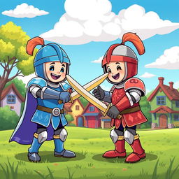 A cute, playful scene depicting two cartoonish knights in medieval armor playfully sparring with wooden swords