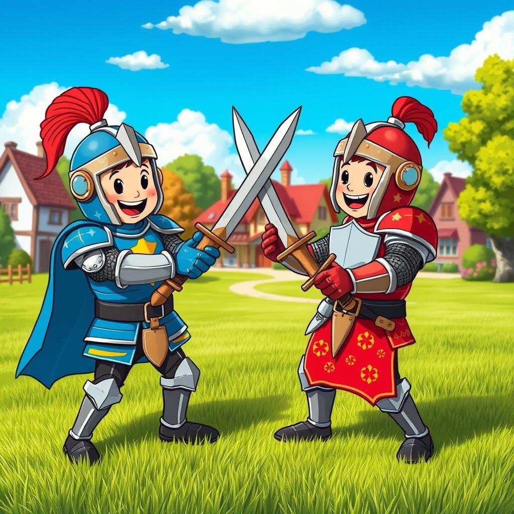 A cute, playful scene depicting two cartoonish knights in medieval armor playfully sparring with wooden swords