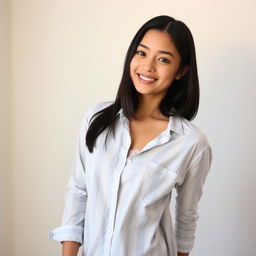 A young woman with straight, shoulder-length black hair, confidently posing indoors in a casual manner