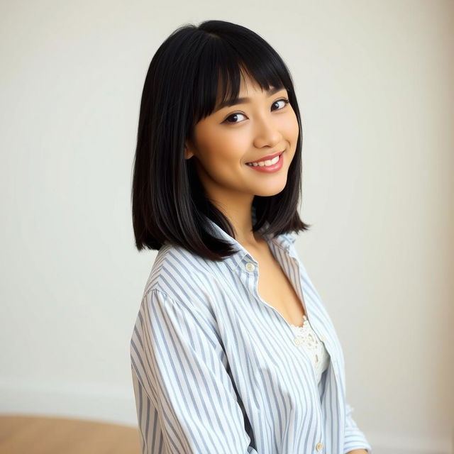 A young woman with straight, shoulder-length black hair, confidently posing indoors in a casual manner