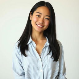 A young woman with straight, shoulder-length black hair, confidently posing indoors in a casual manner