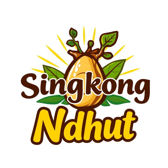 A vibrant and eye-catching logo design for 'Tape Singkong Ndhut', featuring a stylized cassava root as the central element