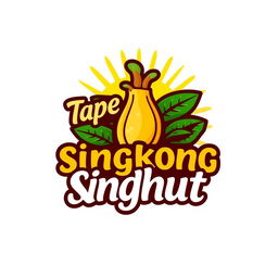 A vibrant and eye-catching logo design for 'Tape Singkong Ndhut', featuring a stylized cassava root as the central element