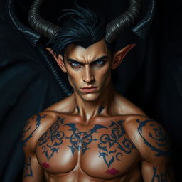 A male Tiefling illrigger with striking jet black hair styled in a Viking fashion, showcasing solid white eyes that emanate an intense gaze