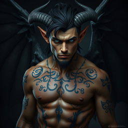 A male Tiefling illrigger with striking jet black hair styled in a Viking fashion, showcasing solid white eyes that emanate an intense gaze