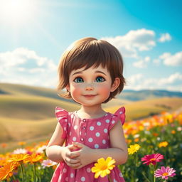 A little girl with short brown hair, wearing a pink dress with white polka dots, standing by a field of colorful flowers