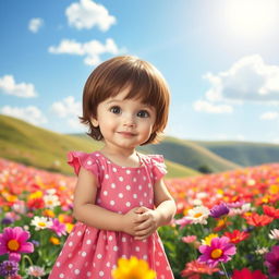 A little girl with short brown hair, wearing a pink dress with white polka dots, standing by a field of colorful flowers