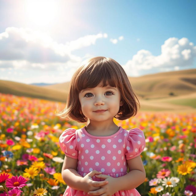 A little girl with short brown hair, wearing a pink dress with white polka dots, standing by a field of colorful flowers