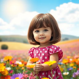 A little girl with short brown hair, wearing a pink dress with white polka dots, standing by a field of colorful flowers