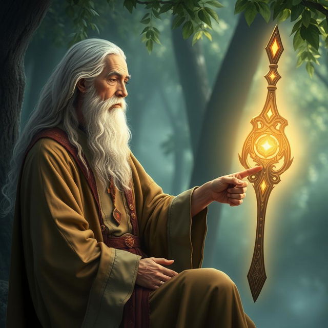 A serene and wise sage depicted in a tranquil, mystical setting, illuminated by the soft glow of ancient runes