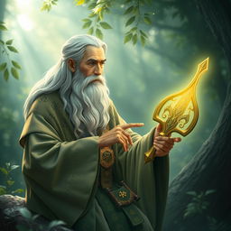A serene and wise sage depicted in a tranquil, mystical setting, illuminated by the soft glow of ancient runes