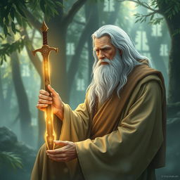 A serene and wise sage depicted in a tranquil, mystical setting, illuminated by the soft glow of ancient runes